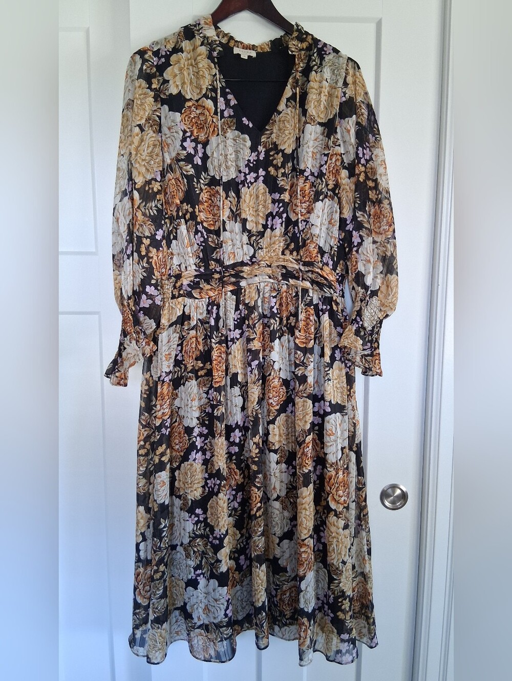 Boho Floral Maxi Dress with Gold & Cream Blooms